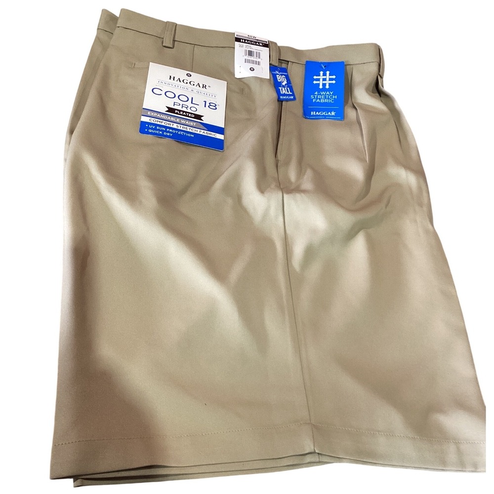 Haggar Cool 18 Pro Mens 50W Khaki Pleated Shorts Big & Tall Expandable Waist NEW